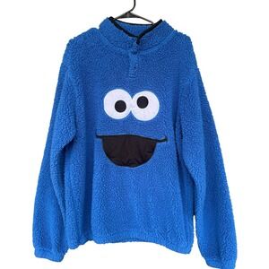 Sesame Street Cookie Monster Sweatshirt Mens Large Blue Sherpa Fleece Pullover